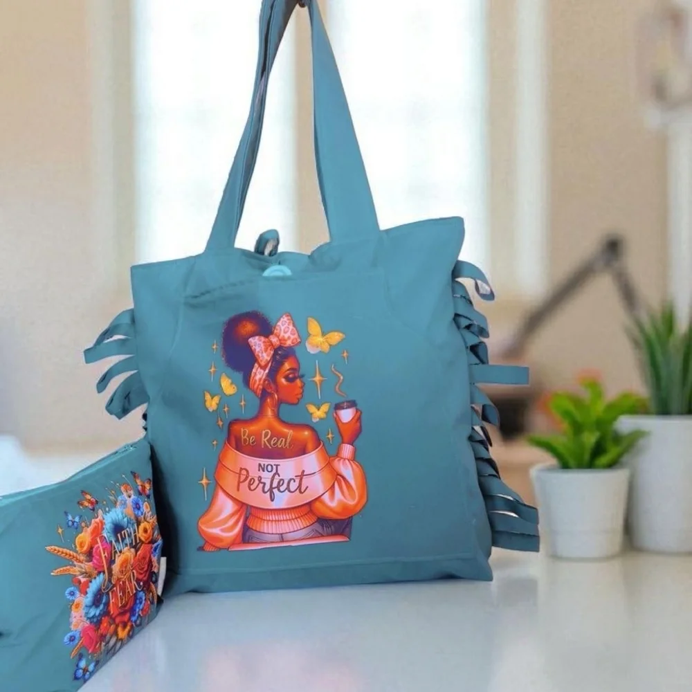 Artistic Blue Tote with Fringe Details